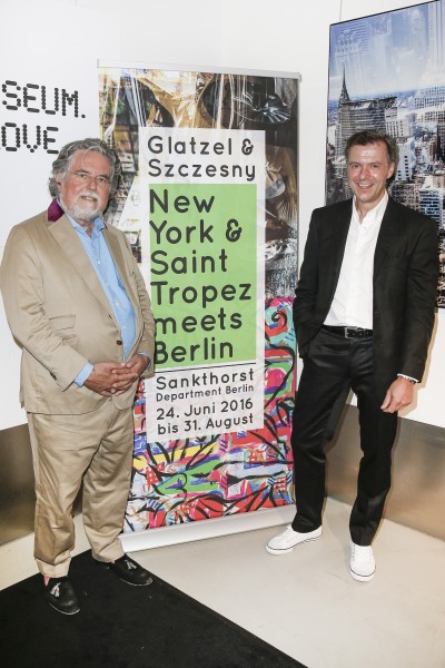 BERLIN, GERMANY - JUNE 22: Photographic artist Georg Glatzel and artist Stefan Szczesny attend the 'Glatzel & Szczesny - New York & Saint Tropez meets Berlin' Exhibition Preview at Sankthorst Department Art Gallery on June 22, 2016 in Berlin, Germany. (Photo by Isa Foltin/Getty Images for Ajoure)