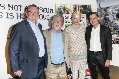 BERLIN, GERMANY - JUNE 22: Burkhard Uhlenbroich, artist Stefan Szczesny, photographic artist Georg Glatzel and guest attend the 'Glatzel & Szczesny - New York & Saint Tropez meets Berlin' Exhibition Preview at Sankthorst Department Art Gallery on June 22, 2016 in Berlin, Germany. (Photo by Isa Foltin/Getty Images for Ajoure)