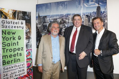 BERLIN, GERMANY - JUNE 22: Artist Stefan Szczesny, german politician Karl A. Lamers and photographic artist Georg Glatzel attend the 'Glatzel & Szczesny - New York & Saint Tropez meets Berlin' Exhibition Preview at Sankthorst Department Art Gallery on June 22, 2016 in Berlin, Germany. (Photo by Isa Foltin/Getty Images for Ajoure)