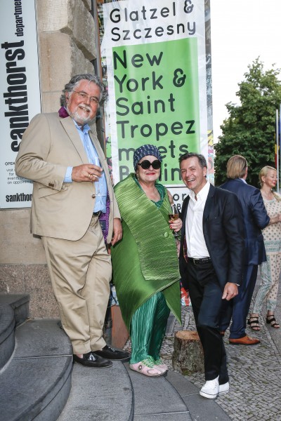 BERLIN, GERMANY - JUNE 22: Artist Stefan Szczesny, artist Elivira Bach and photographic artist Georg Glatzel attend the 'Glatzel & Szczesny - New York & Saint Tropez meets Berlin' Exhibition Preview at Sankthorst Department Art Gallery on June 22, 2016 in Berlin, Germany. (Photo by Isa Foltin/Getty Images for Ajoure)