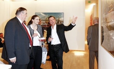 BERLIN, GERMANY - JUNE 22: German politician Karl A. Lamers, photographic artist Georg Glatzel and guest attend the 'Glatzel & Szczesny - New York & Saint Tropez meets Berlin' Exhibition Preview at Sankthorst Department Art Gallery on June 22, 2016 in Berlin, Germany. (Photo by Isa Foltin/Getty Images for Ajoure)